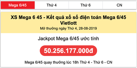 Thong ke Vietlott thu 4 - Jackpot uoc tinh Xo so Mega 6-45 ngay 28-08-2019 Thong ke Vietlott thu 4 - Jackpot uoc tinh Xo so Mega 6-45 ngay 28-08-2019